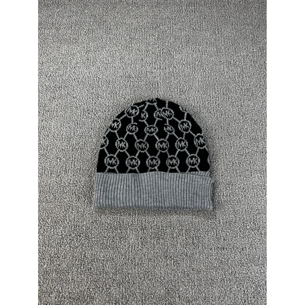 Michael Michael Kors Knit Beanie Hat Black Silver Metallic MK Monogram Logo